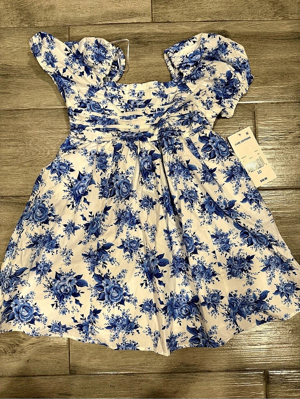 Rare Editions Decoration Floral Dress in White & Blue Size 10 NWT